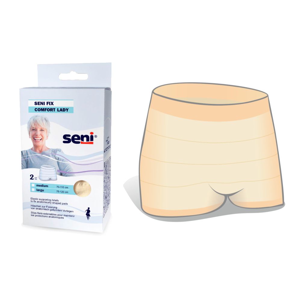 Beige Fixierhose. Auf der Verpackung: Seni Fix Comfort Lady, 2 Stück. Größenangaben: medium, large. Marke Seni.