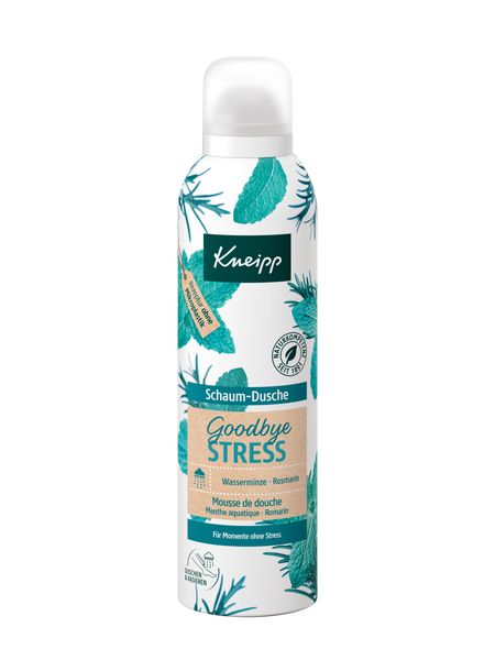 Kneipp Schaum-Dusche Goodbye Stress. Bouteille blanche avec herbes vertes et feuilles de menthe. Nom du produit et logo visibles.