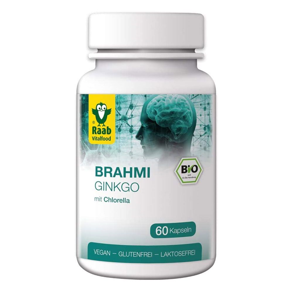 Weiße Flasche mit Kapseln. Aufschrift: BRAHMI GINKGO mit Chlorella, 60 Kapseln, Bio-Siegel. Vegan, glutenfrei, laktosefrei.