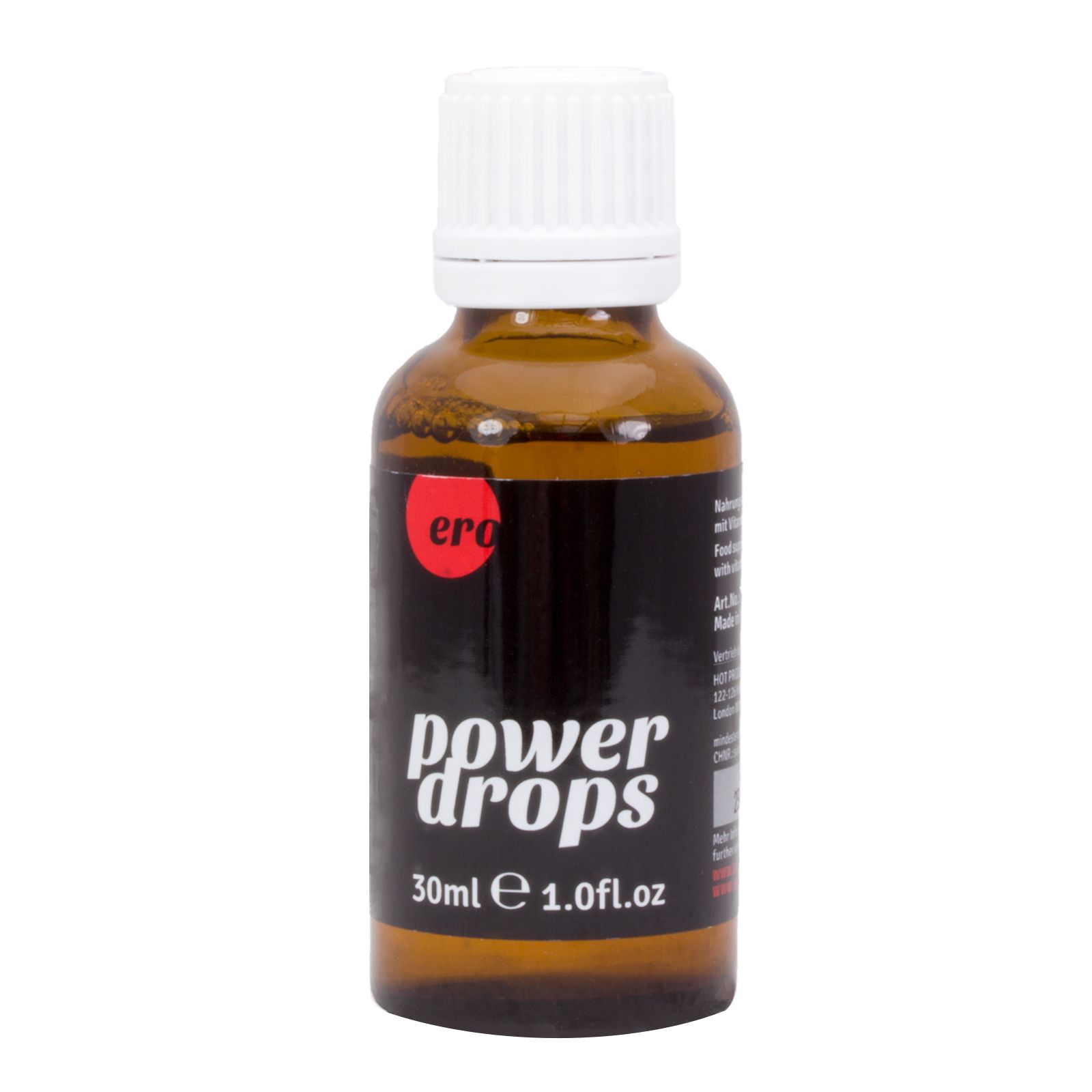 Braune Tropfenflasche mit weißem Deckel. Aufschrift: Power Drops, 30ml, 1.0 fl.oz.