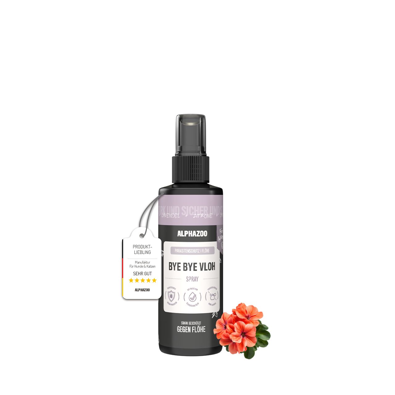 Schwarze Sprühflasche mit Etikett und Anhänger. Text: ALPHAZOO Bye Bye Vloh Spray. Orangefarbene Blüte.