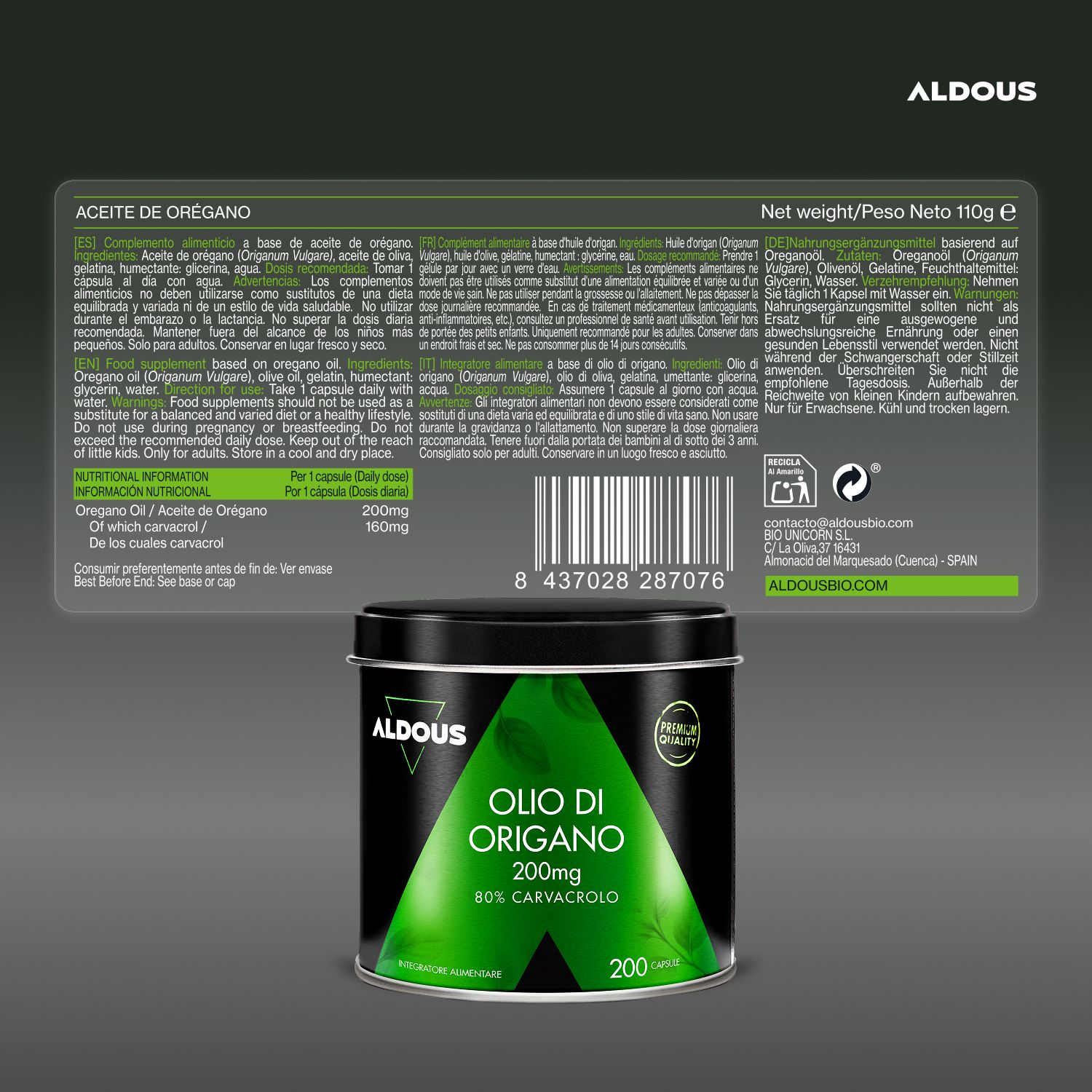 Aldous Olio di Origano Dose und Etikett mit Nährwertangaben.