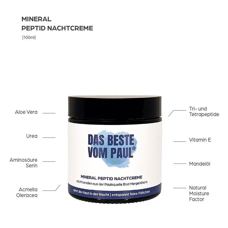 Tiegel mit schwarzem Deckel. Aufschrift: Das Beste vom Paul. Mineral Peptid Nachtcreme. Inhaltsstoffe: Aloe Vera, Urea, Aminosäure, Mandelöl.