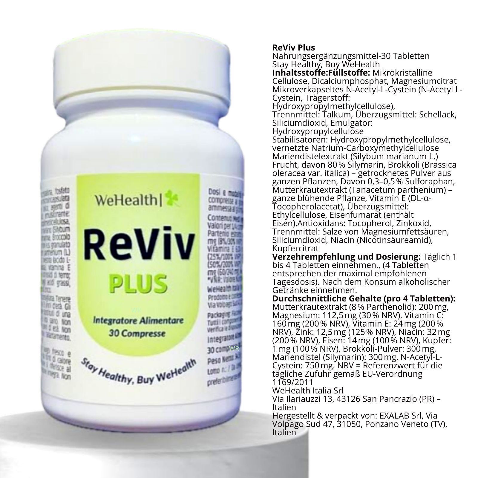 WeHealth ReViv PLUS. Weiße Flasche mit grünem Etikett. Enthält 30 Tabletten. Aufschrift: 'Stay Healthy, Buy WeHealth'.