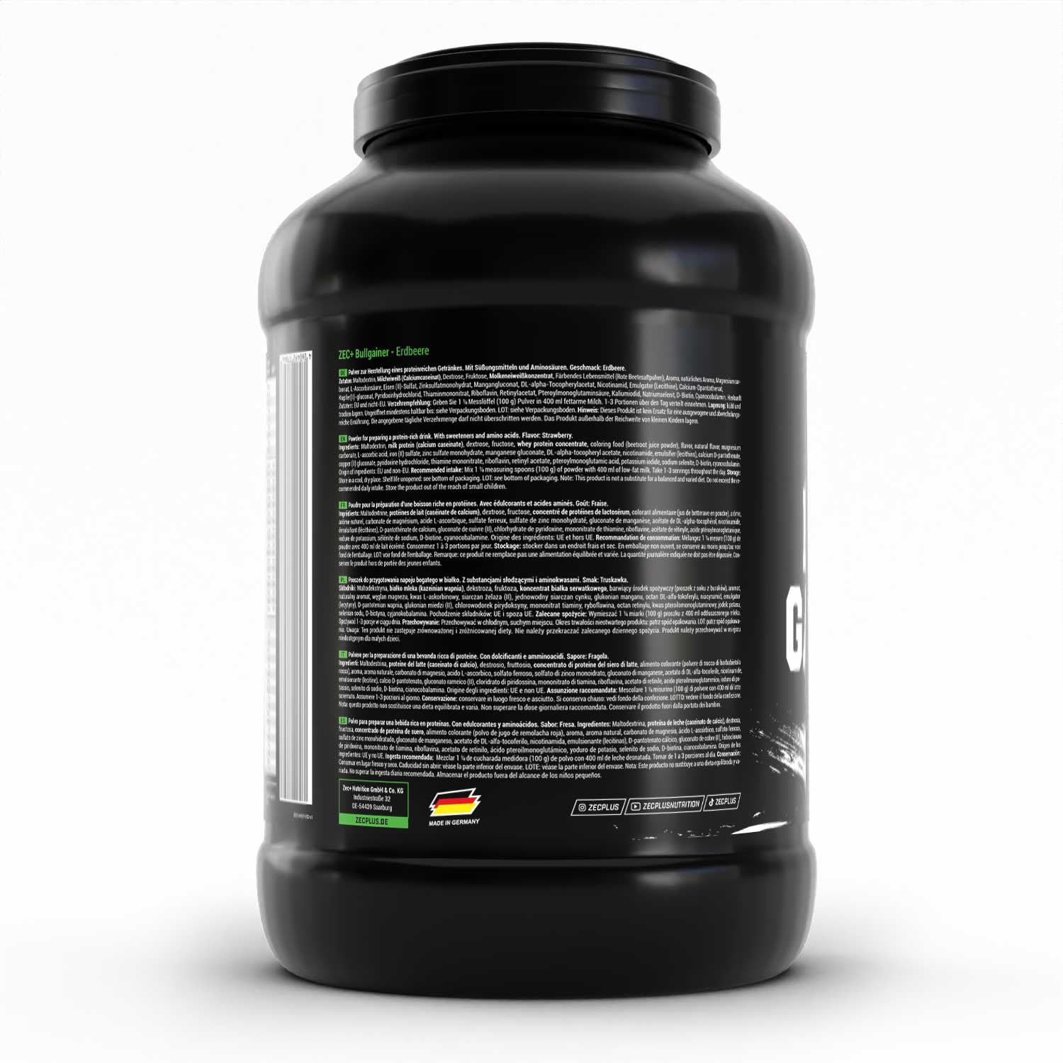 Rückseite des schwarzen ZEC+ BULL GAINER Behälters. Text in mehreren Sprachen, darunter Deutsch. Mit Barcode.