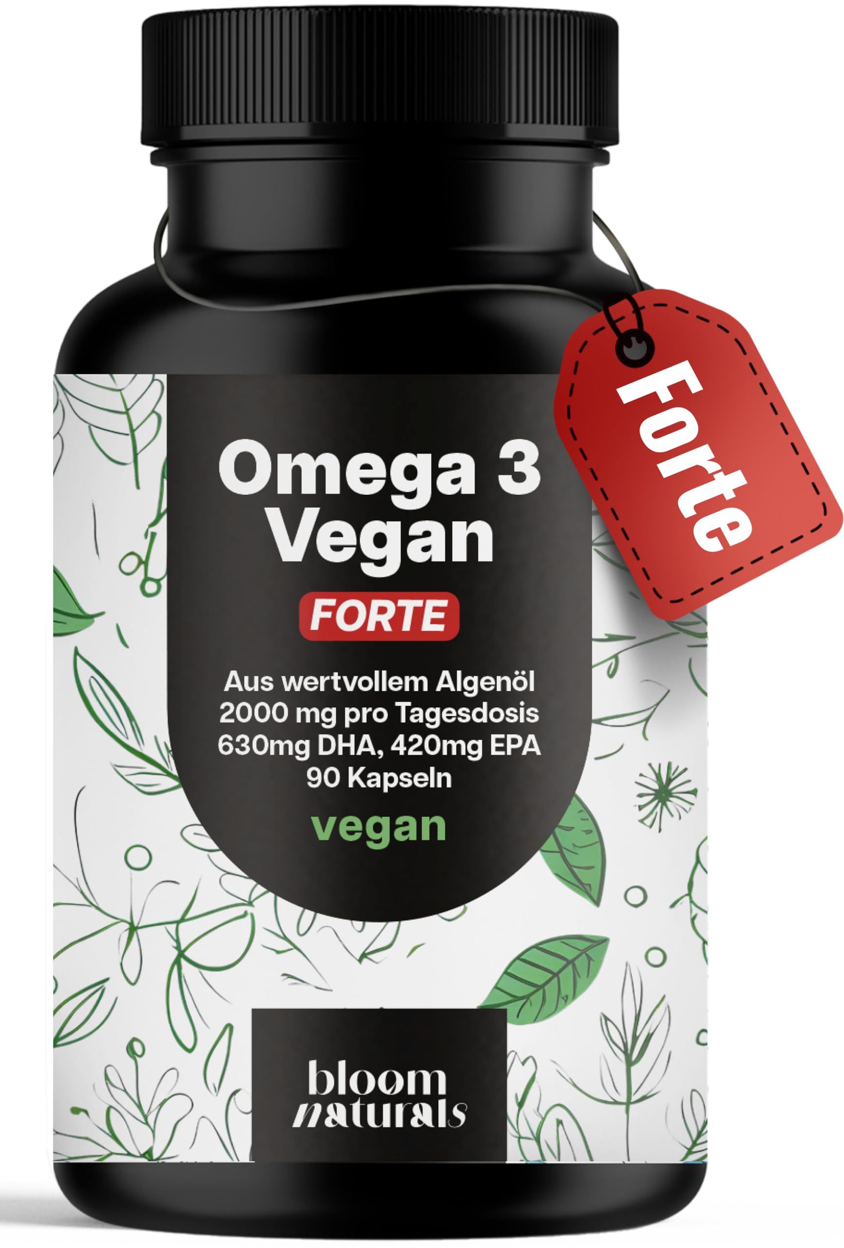 Schwarze Dose Omega 3 Vegan Forte Algenöl Kapseln mit rotem Forte-Anhänger, Bloom Naturals.