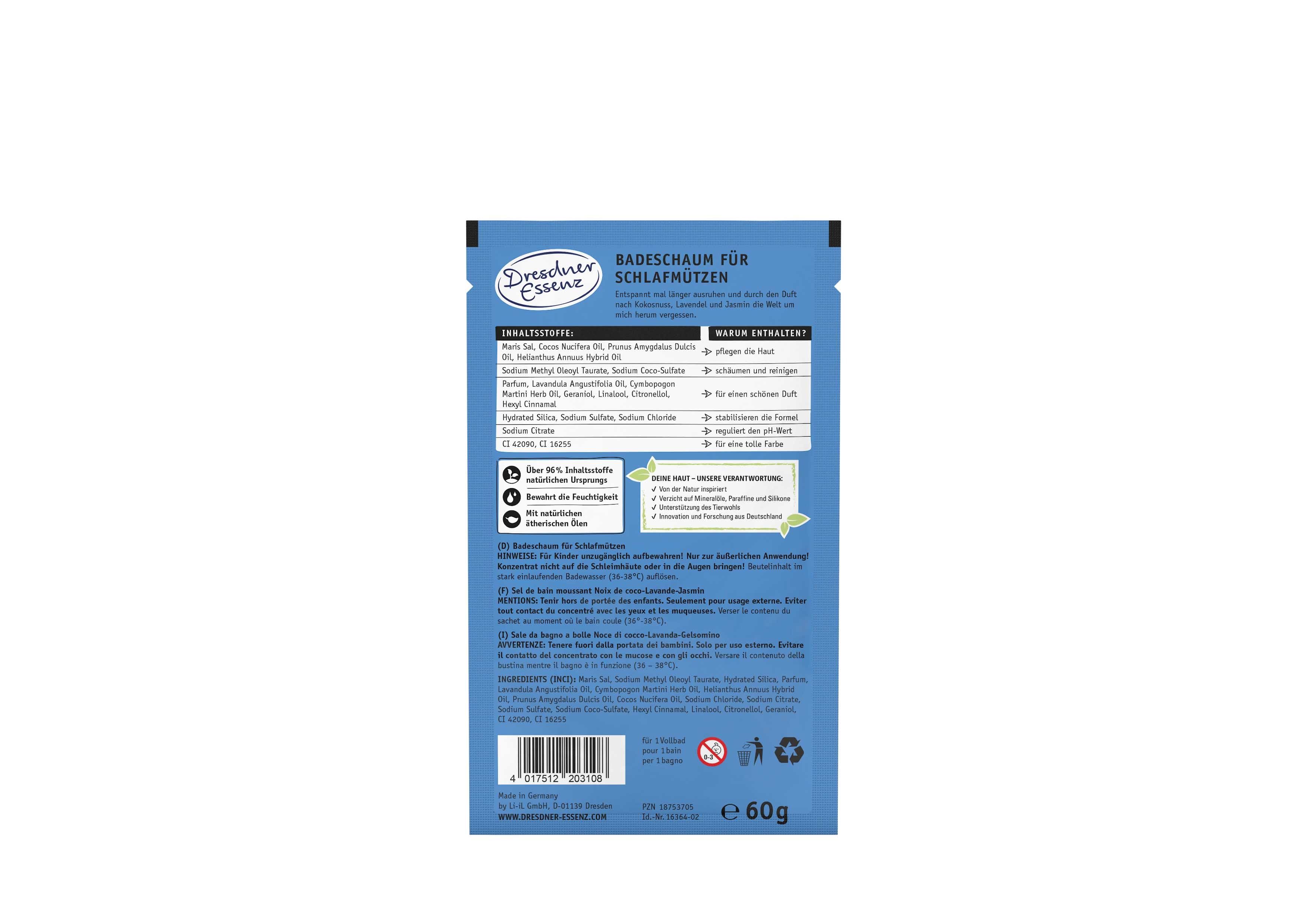 Dos de l'emballage. Texte: Dresdner Essenz, mousse de bain pour dormeurs. Ingrédients, instructions d'utilisation.