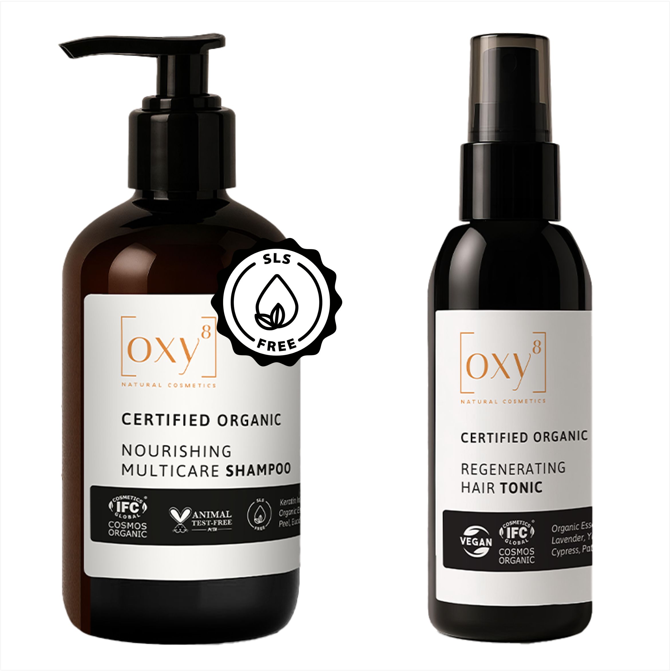 Zwei Flaschen: Shampoo und Haartonic. Beide dunkelbraun mit schwarzem Deckel. Aufschrift: oxy8, zertifiziertes Bio.