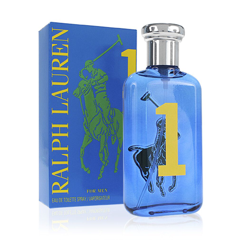 Blauer Flakon und Schachtel. Auf der Schachtel: Logo mit Reiter, Pferd und "RALPH LAUREN". Flakon mit "1".
