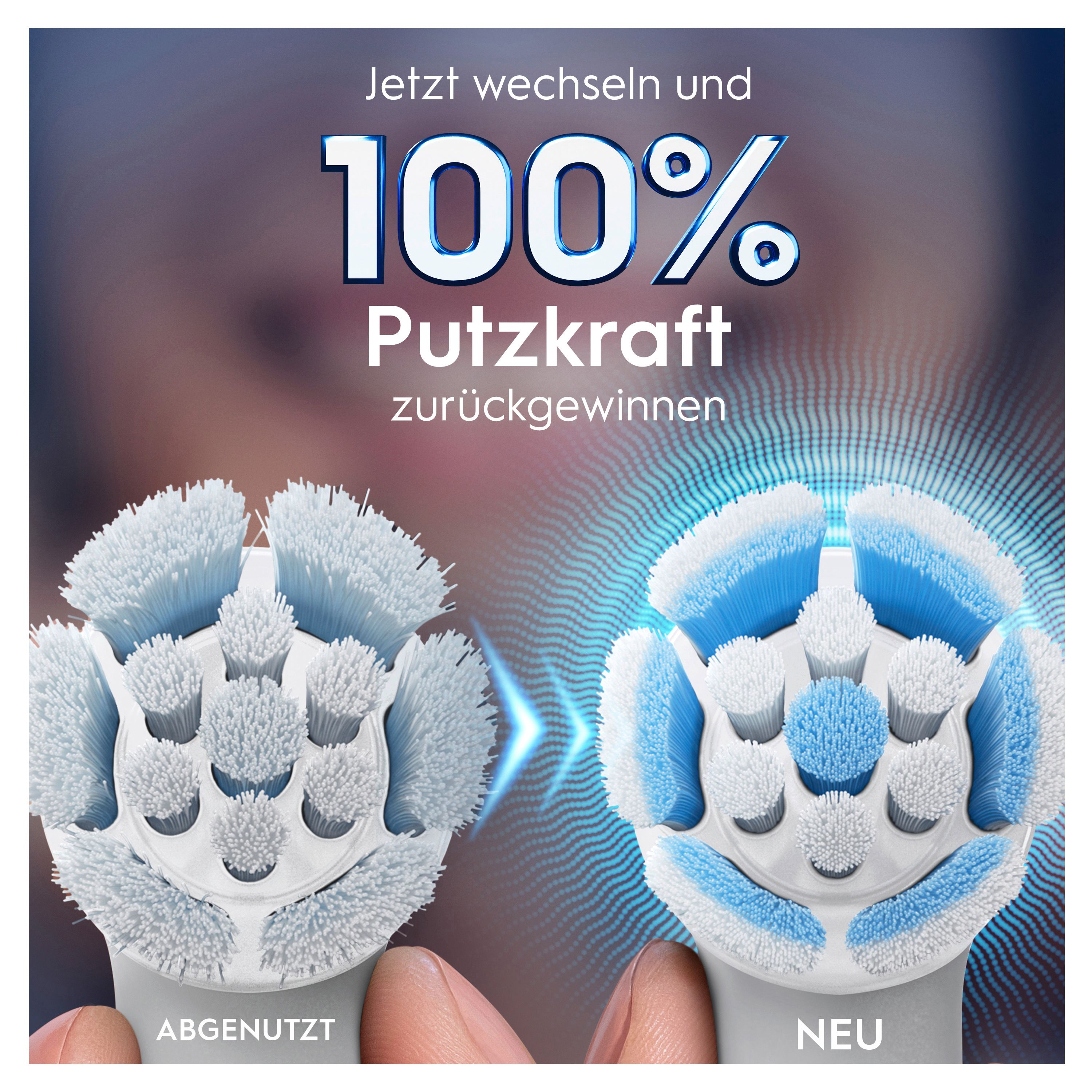 Vergleich von neuem und abgenutztem Bürstenkopf. Text: Jetzt wechseln und 100% Putzkraft zurückgewinnen.