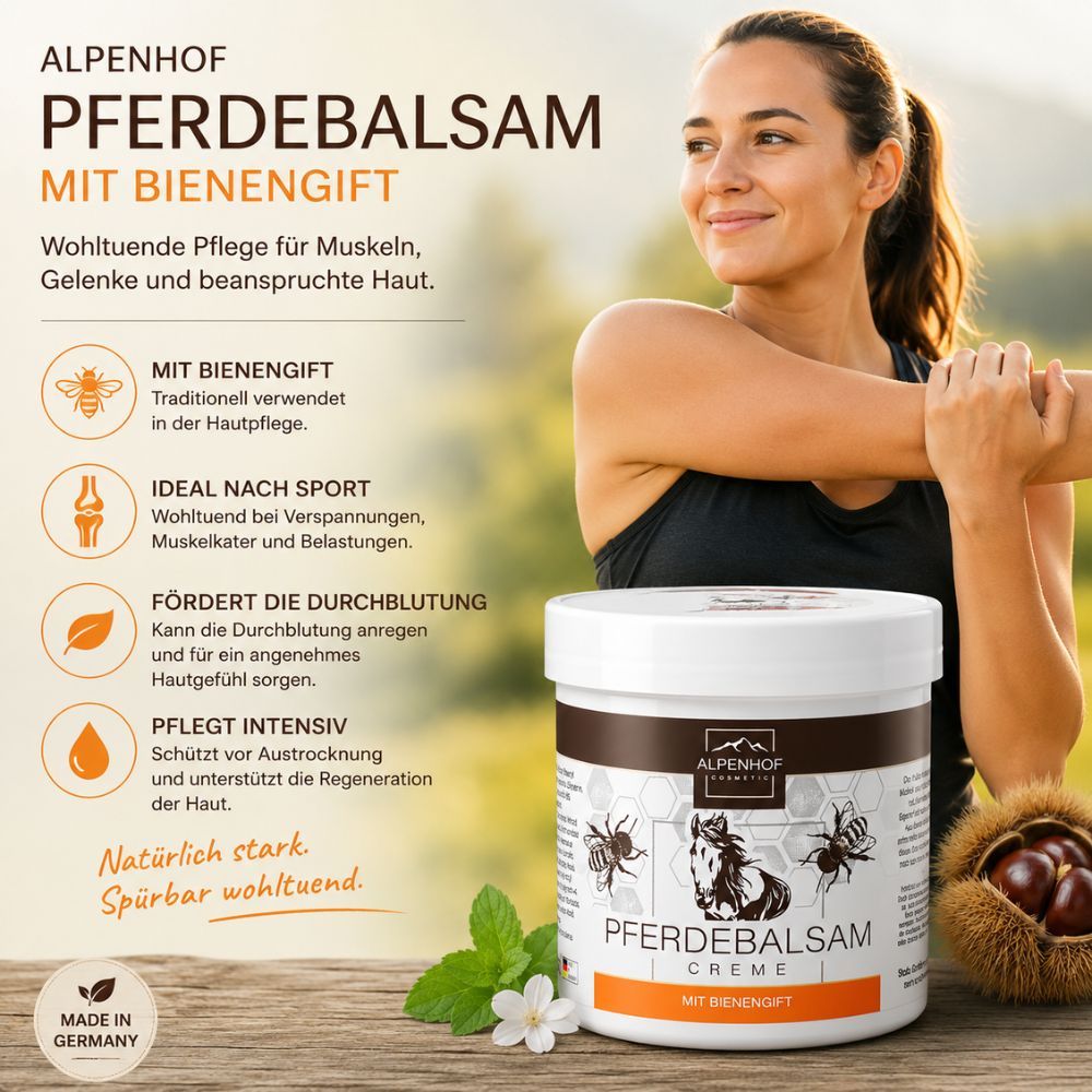 Alpenhof Pferdebalsam Creme mit Bienengift, 250 ml, mit Frau beim Sport.