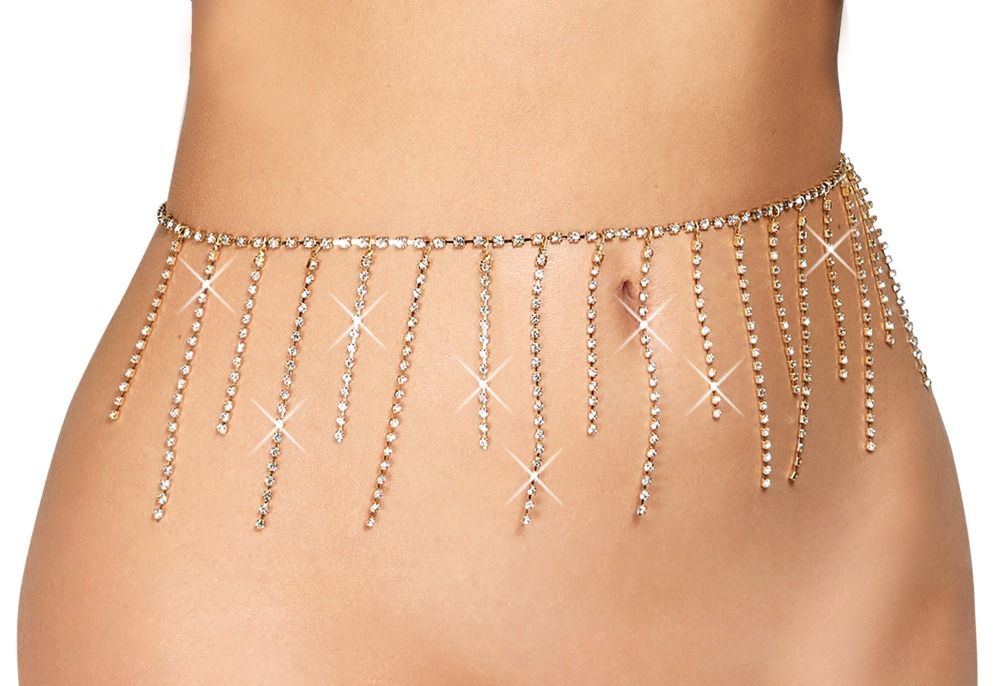 Eine silberne Bauchkette mit funkelnden Strass-Anhängern, die über dem Bauchnabel getragen wird.