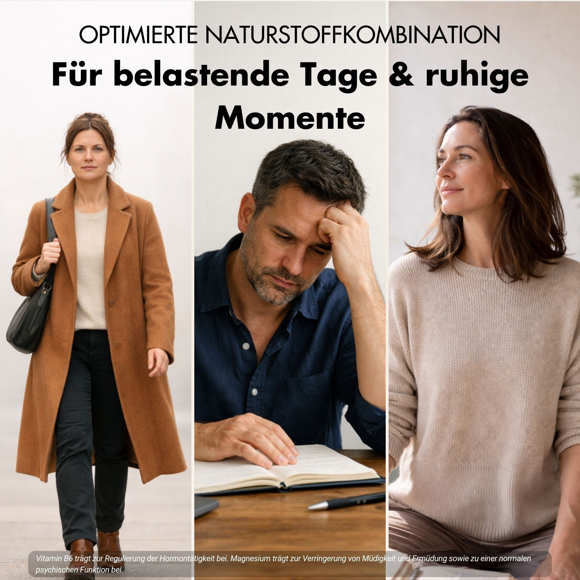 Drei Personen zeigen unterschiedliche Emotionen: Gehen, Stress am Schreibtisch, Nachdenken.