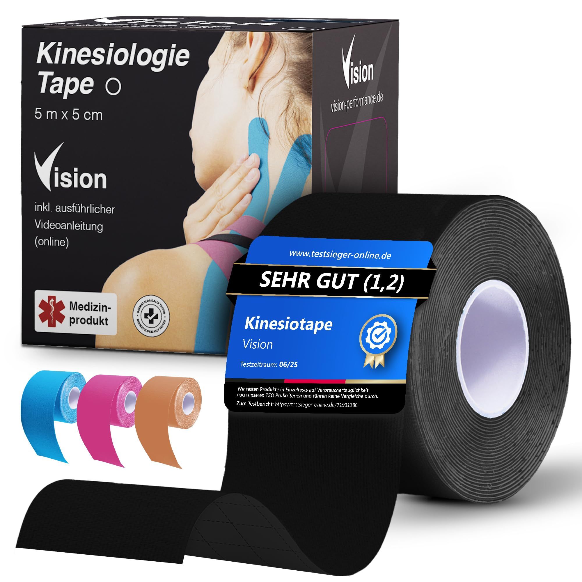 Schwarze Rolle Kinesiologie Tape, 5m x 5cm, mit Verpackung. Mehrere farbige Tapes daneben. Medizinprodukt.
