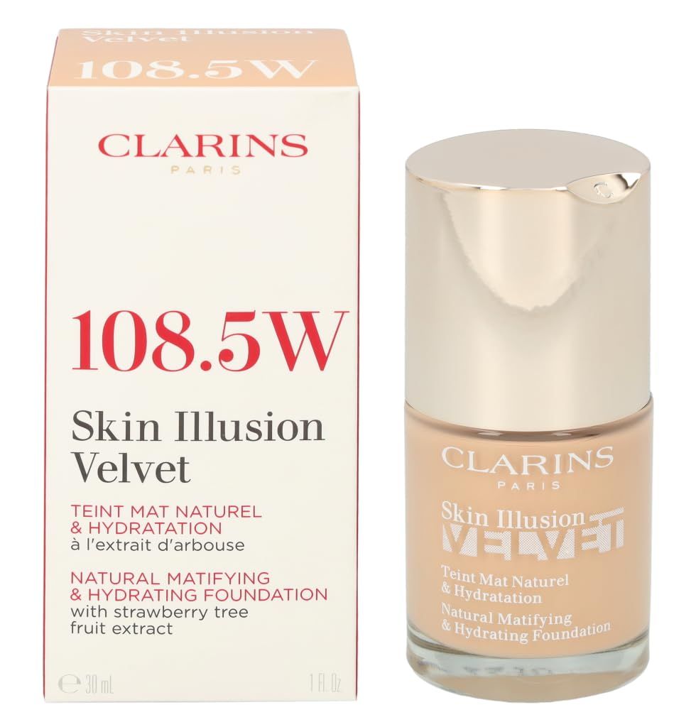 Foundation-Flakon und Verpackung. Aufschrift: Clarins, 108.5W, Skin Illusion Velvet, Teint Mat Naturel & Hydratation, mit Erdbeerbaumextrakt.