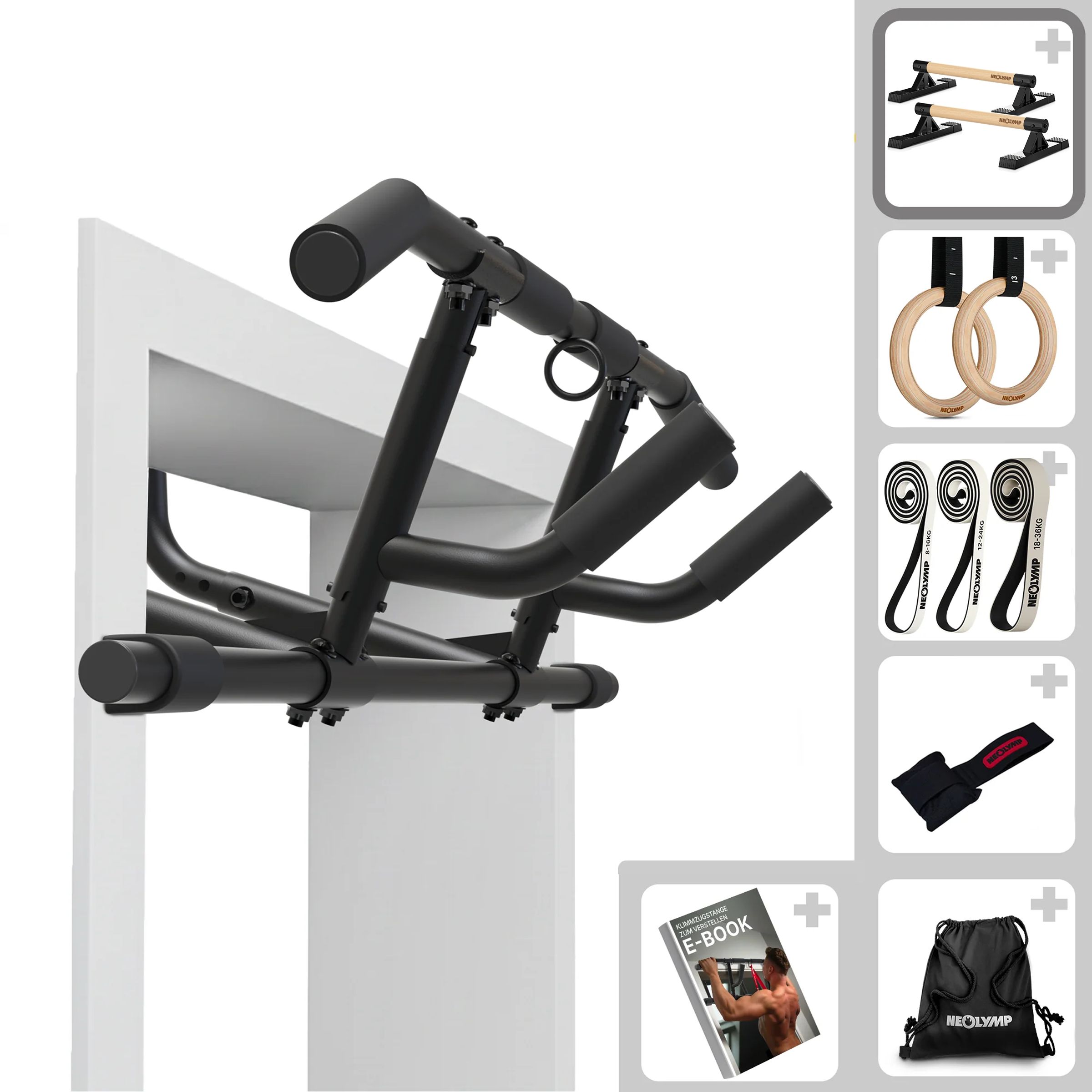 NEOLYMP Calisthenics Bundle: Klimmzugstange, Ringe, Widerstandsbänder, Tasche, E-Book.