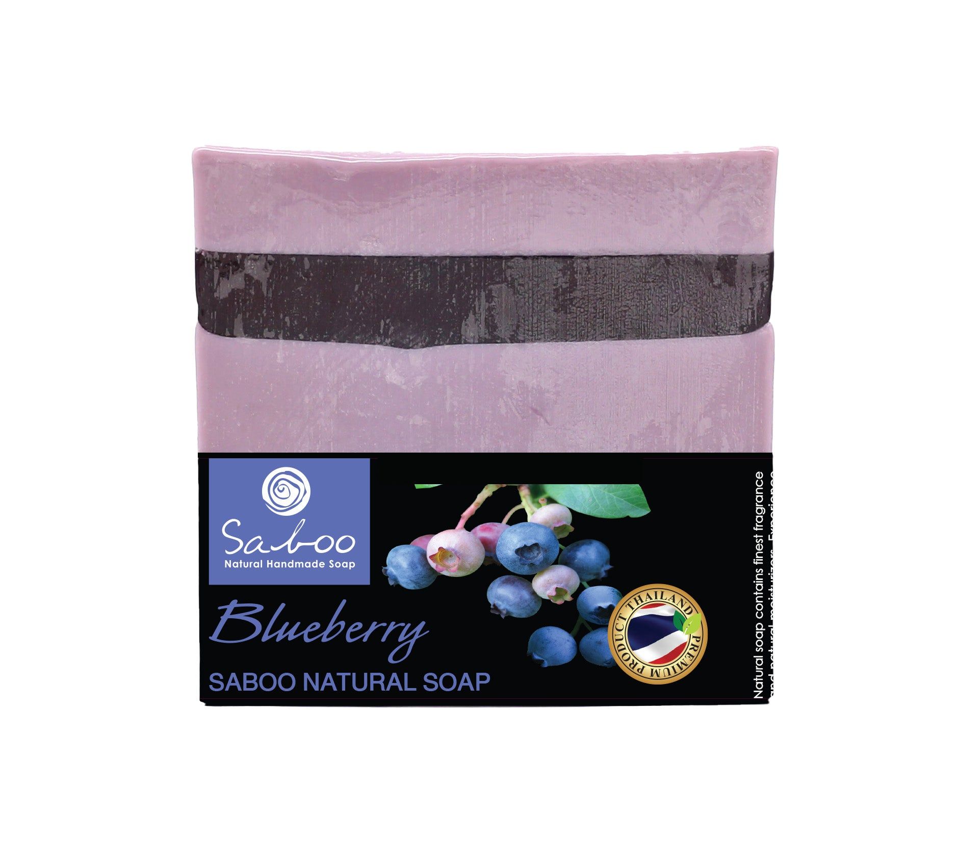Blaubeerseife, rechteckig, lila. Schwarzes Band. Blaubeer-Illustration und Logo. Text: Saboo Natural Handmade Soap, Blueberry, Saboo Natural Soap.