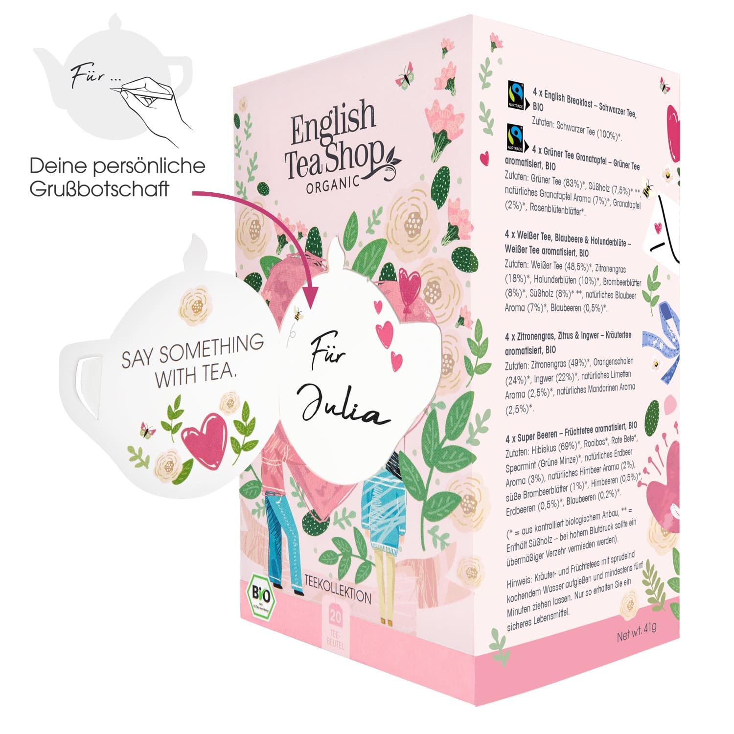 Rückseite der English Tea Shop Bio Teekollektion 'For You' mit Sortenliste und persönlicher Botschaft.