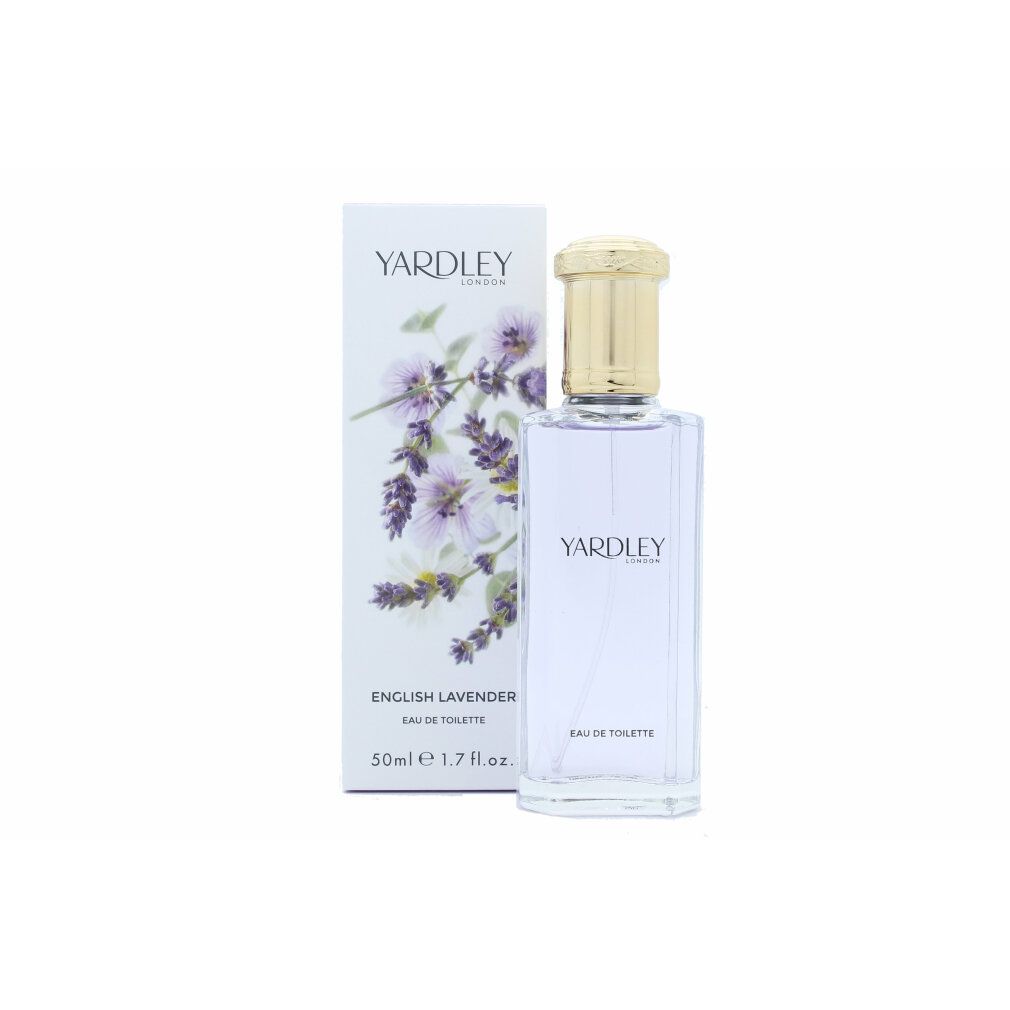 Flakon und Schachtel von Yardley English Lavender Eau de Toilette. Flakon mit goldfarbenem Verschluss. Schachtel mit Lavendel-Illustration.