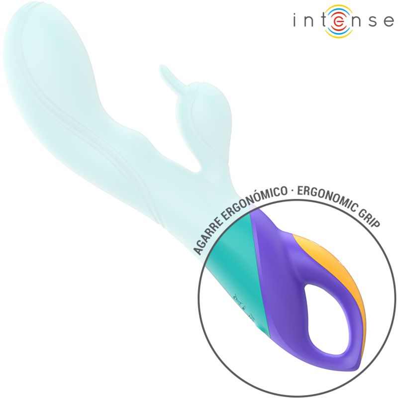 Türkis-lila Vibrator mit ergonomischem Griff. Gelber Akzent am Griff.