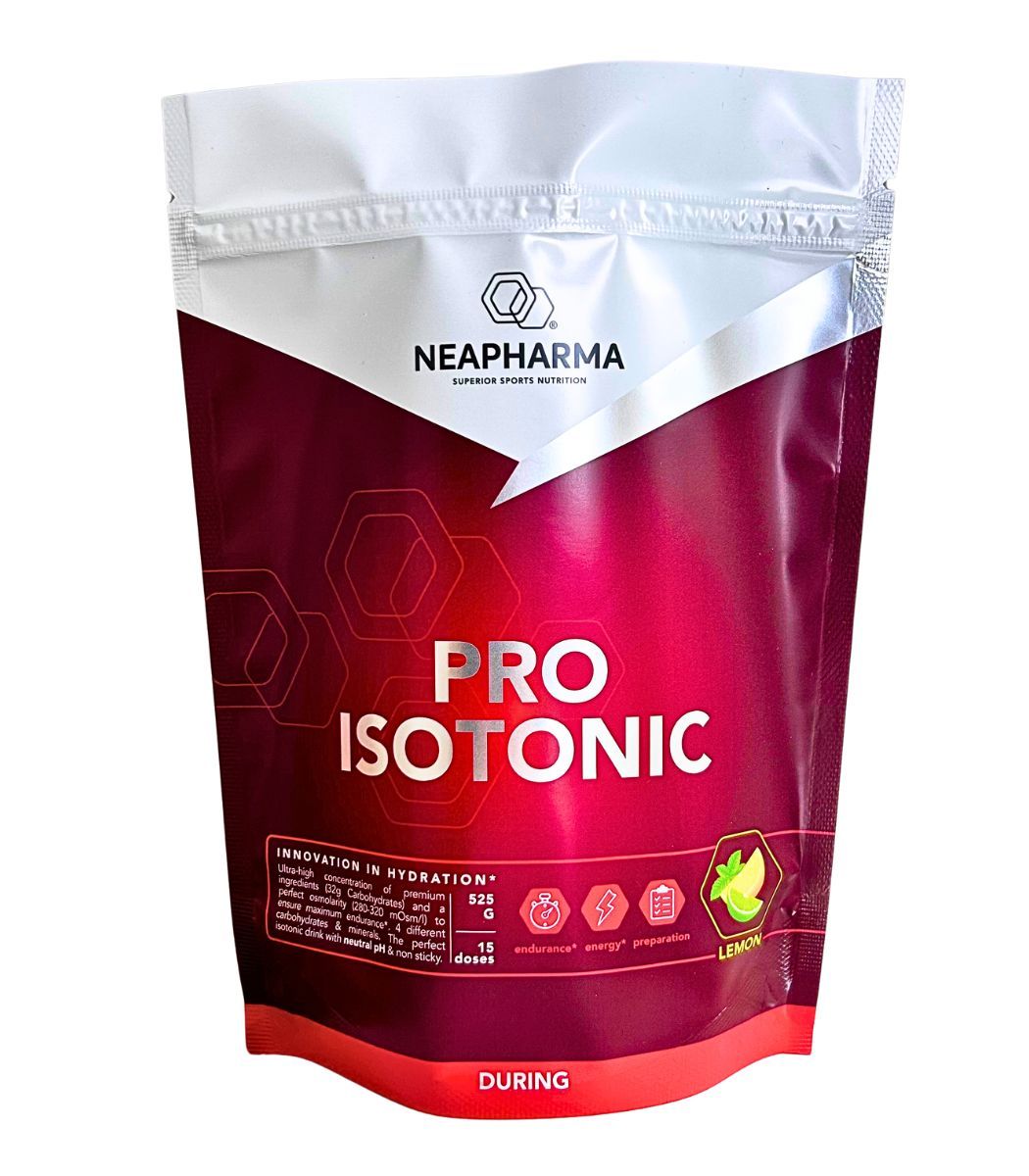 Beutel mit Neapharma Pro Isotonic. Aufschrift: Pro Isotonic, Zitrone. Logo und Text: Superior Sports Nutrition. 15 Dosen.