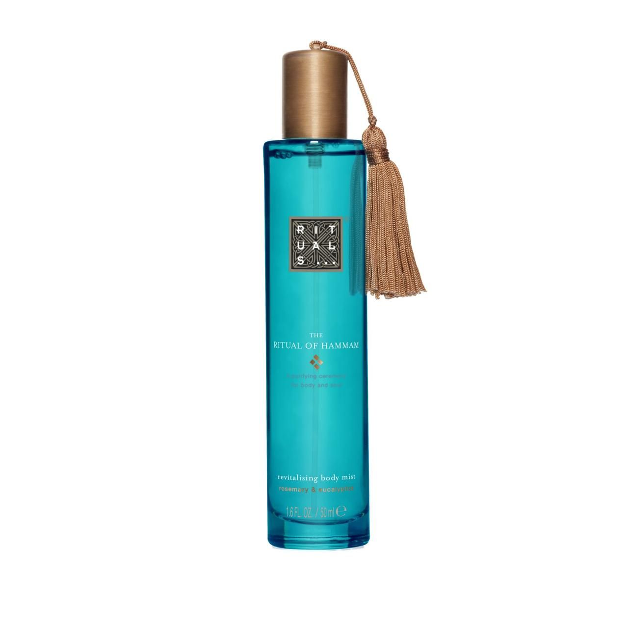 Türkisgrüne Flasche mit goldfarbenem Deckel und Quaste. Aufschrift: Rituals, The Ritual of Hammam, Revitalizing Body Mist.