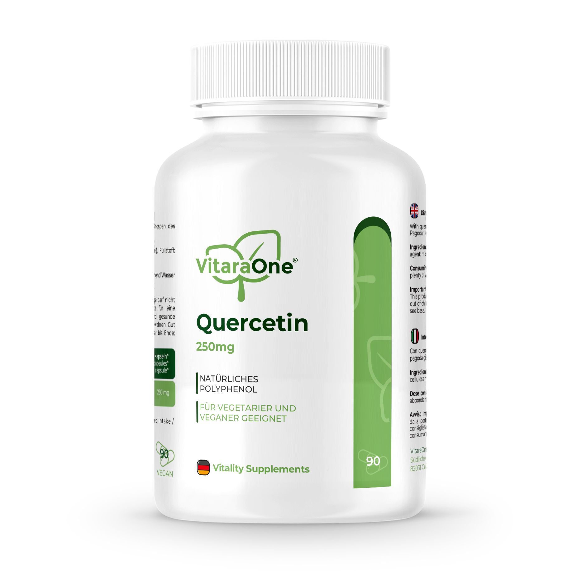 Weiße Flasche mit Kapseln. Aufschrift: VitaraOne Quercetin 250mg. 90 Kapseln. Vegan. Grün-weiße Etikettierung.