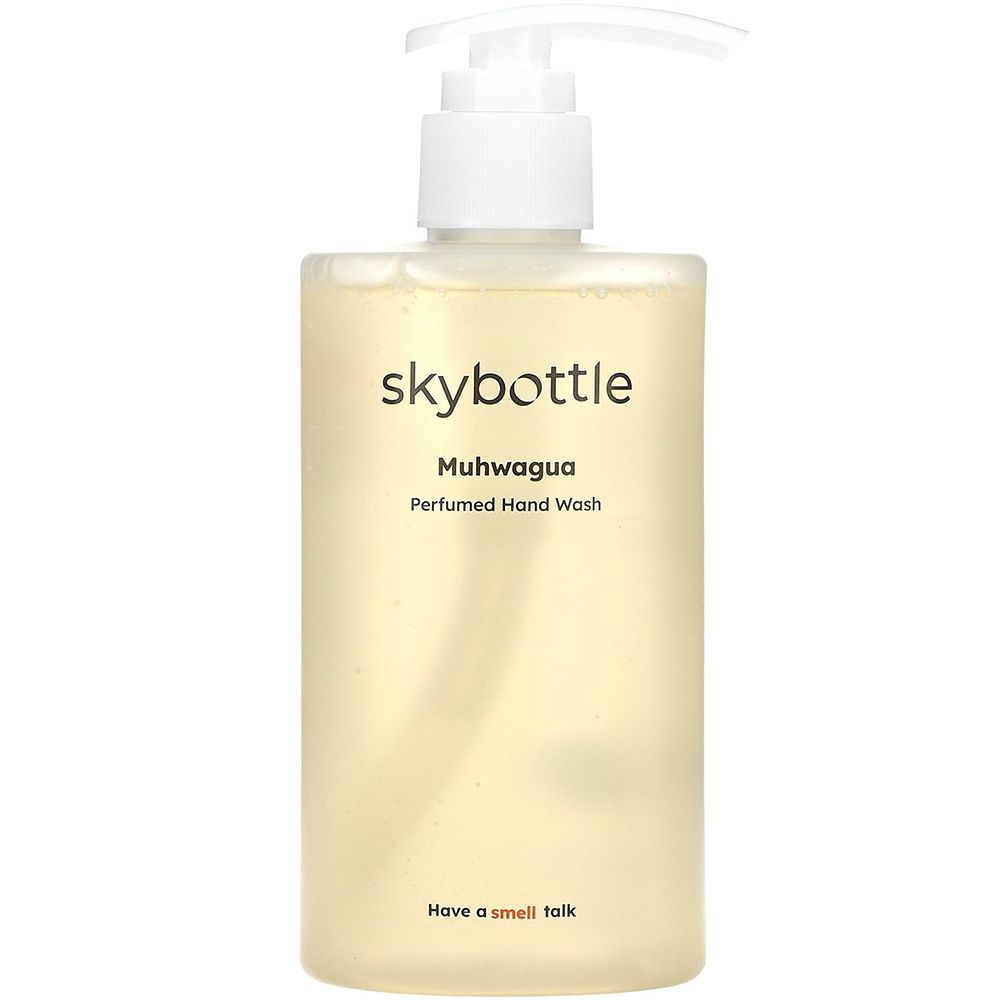 Transparente Flasche mit weißem Spender. Aufschrift: skybottle, Muhwagua, Perfumed Hand Wash. Untertitel: Have a smell talk.