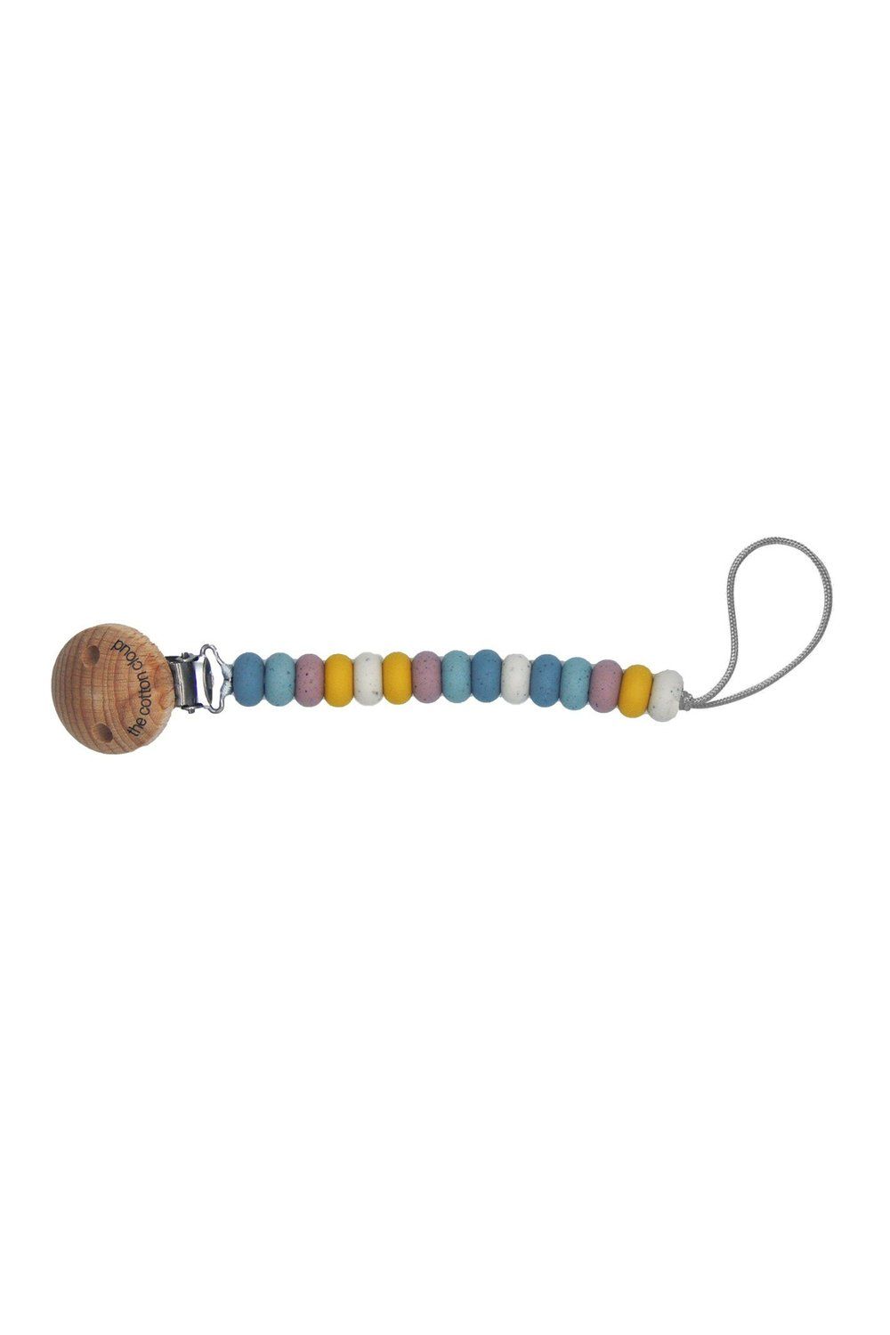 Schnullerkette mit Holzclip und bunten Perlen. Der Clip hat den Markennamen. Graue Schlaufe am Ende.