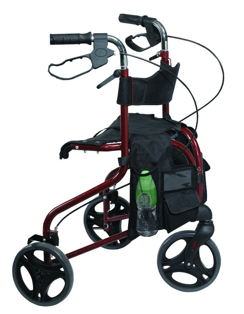 Roter Dreirad-Rollator. Schwarzer Sitz, Tasche mit Flaschenhalter. Drei Räder, höhenverstellbar. Schwarze Griffe.
