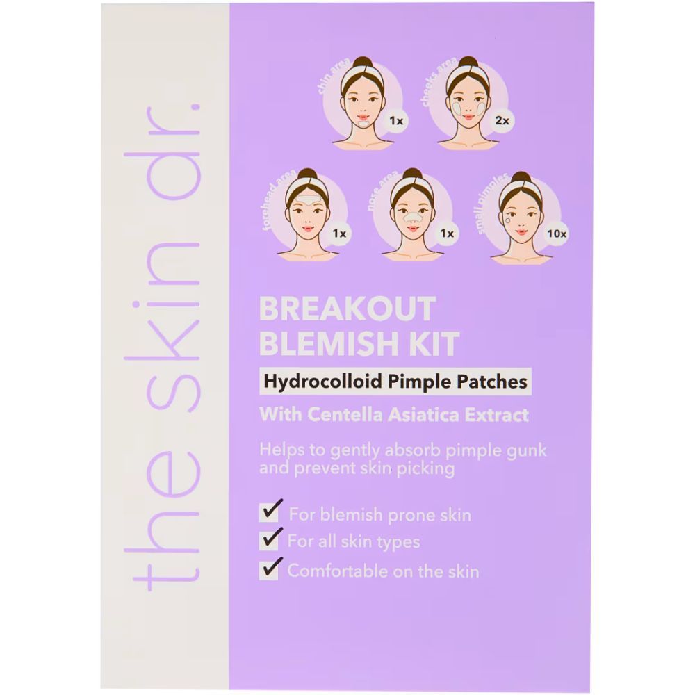 Produktverpackung mit Text: Breakout Blemish Kit, Hydrocolloid Pimple Patches. Abbildungen von Gesichtern mit Patches. Lila Hintergrund.