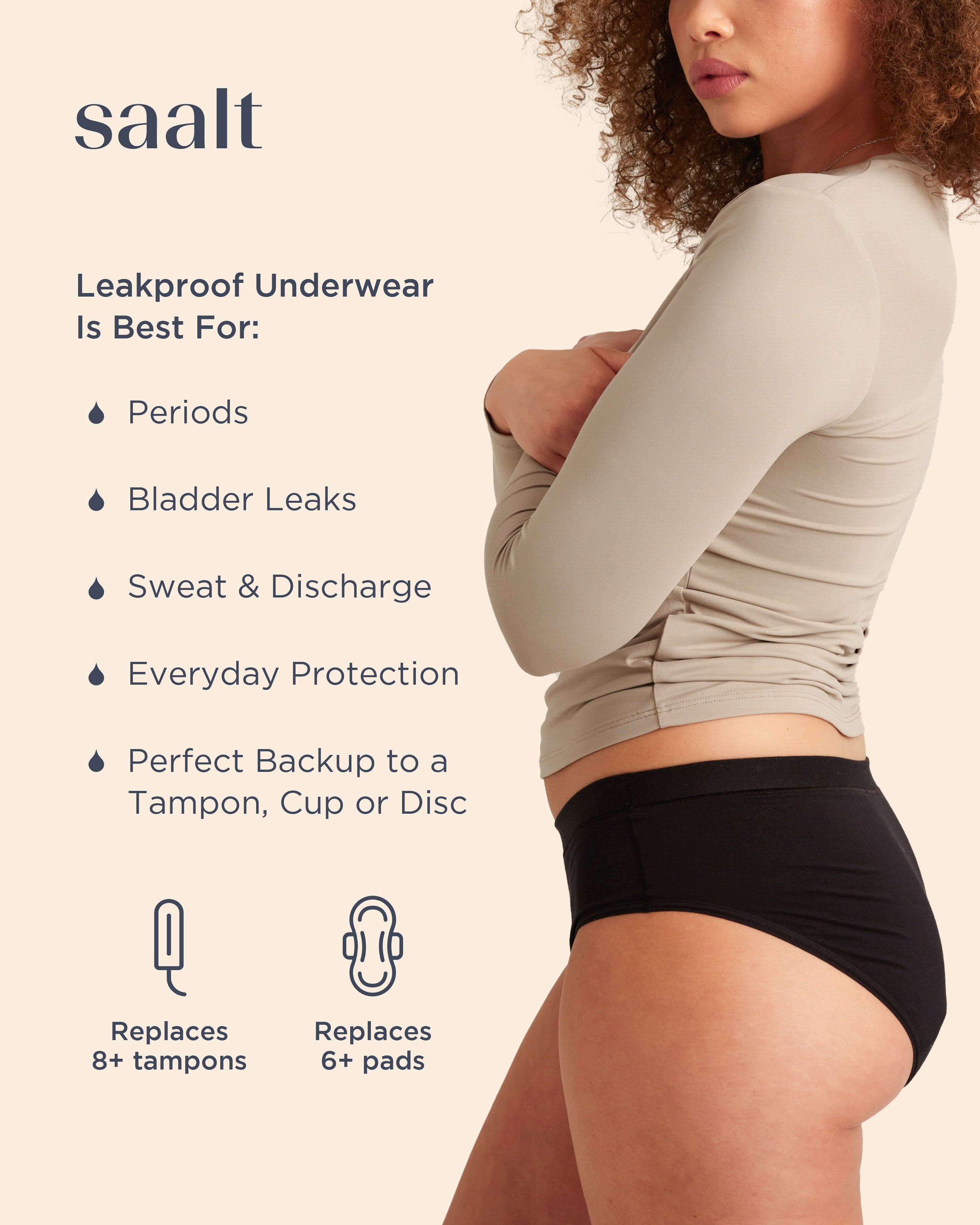 Schwarzer Saalt Comfort Brief. Text: Leakproof Underwear Is Best For: Periods, Bladder Leaks, Sweat & Discharge, Everyday Protection, Backup.
