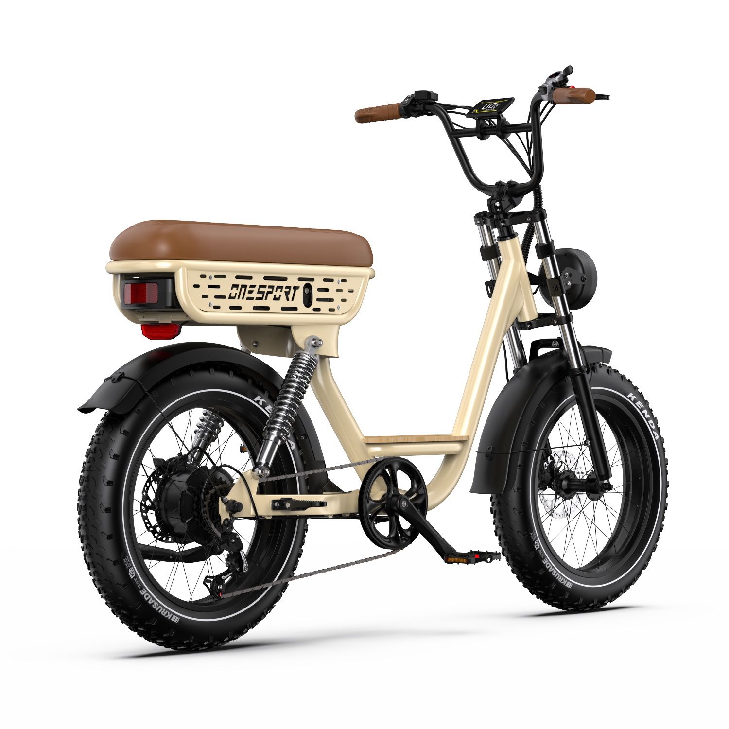 Elektrofahrrad, beige mit braunem Sattel. Schwarze Reifen, Kotflügel und Lenker. Rücklicht. Marke: ONESPORT.