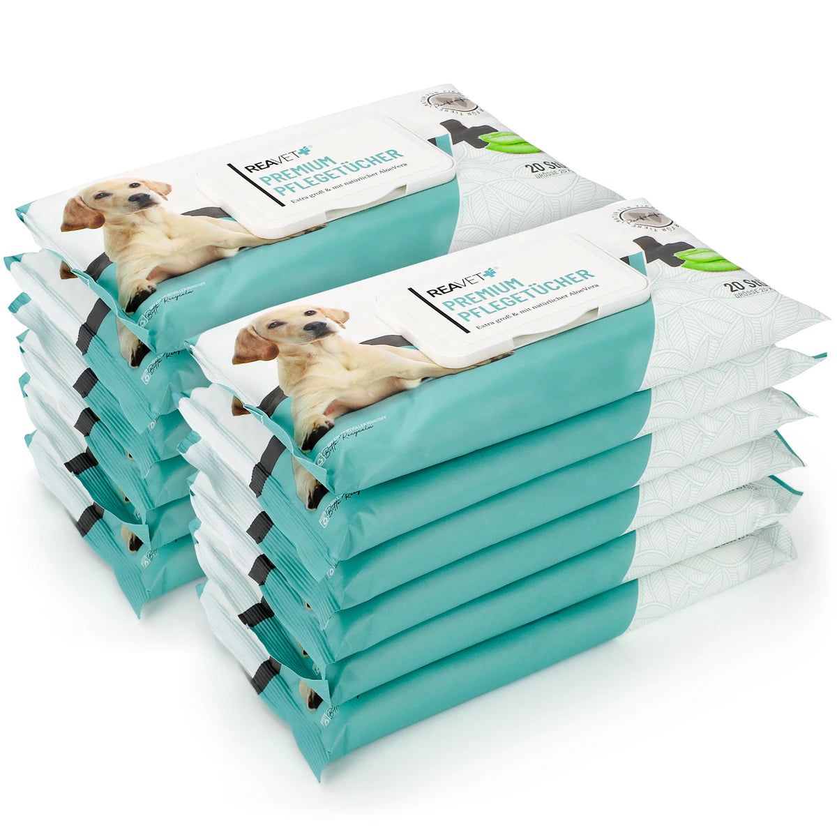 Mehrere Packungen Premium Pflegetücher AloeVera. Verpackung mit Hundefoto und Logo ReaVET. Stapelweise angeordnet.