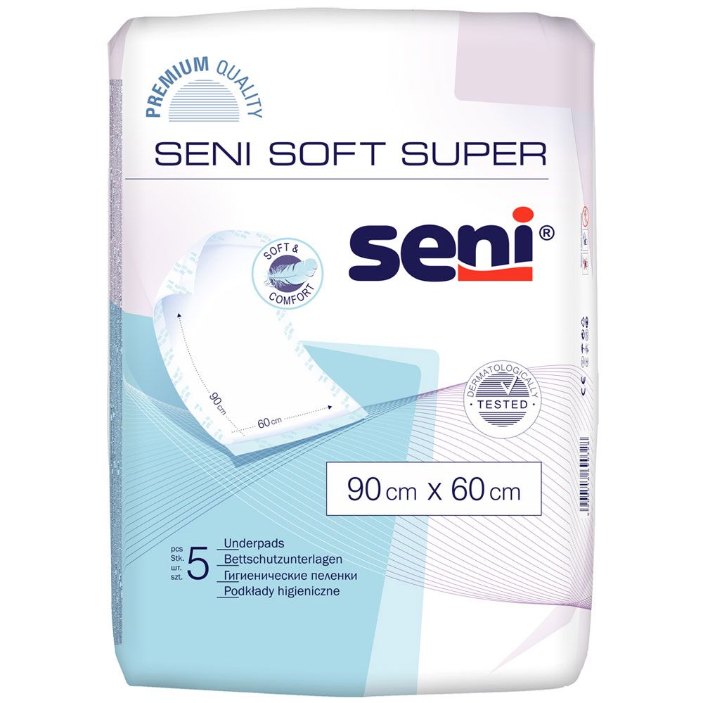 Verpackung Seni Soft Super Krankenunterlagen. Größe 90x60 cm. Produktname und Logo sichtbar. Mit Qualitätszeichen.