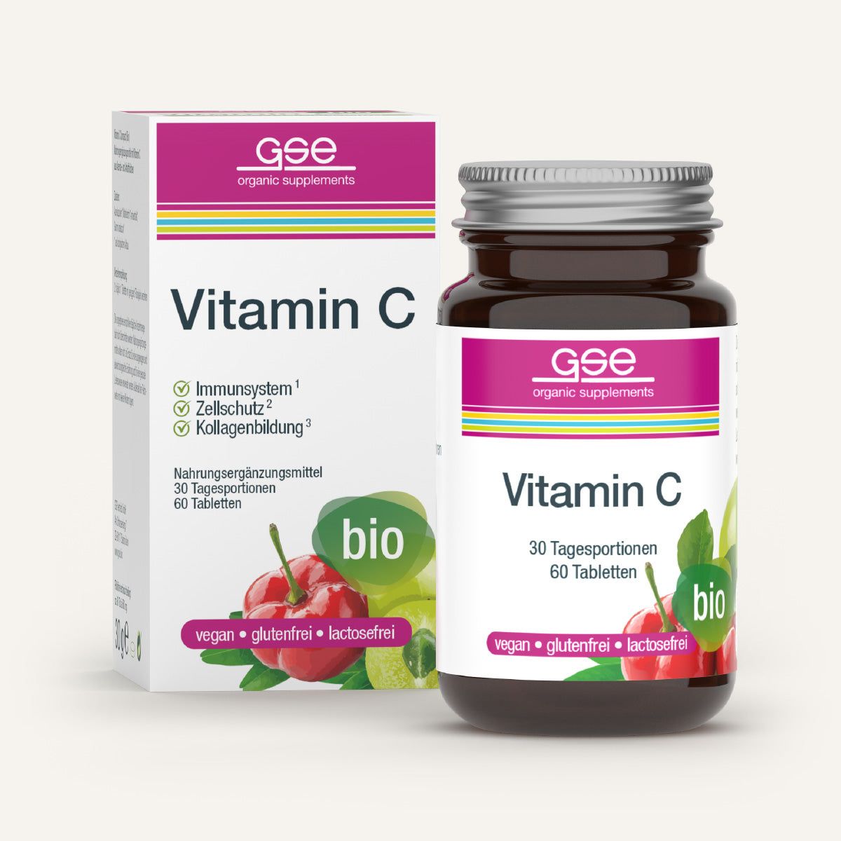 Braune Glasflasche und Karton mit GSE Vitamin C. Aufschrift: Vitamin C, 30 Tagesportionen, 60 Tabletten. Bio-Siegel, vegan, glutenfrei, laktosefrei.