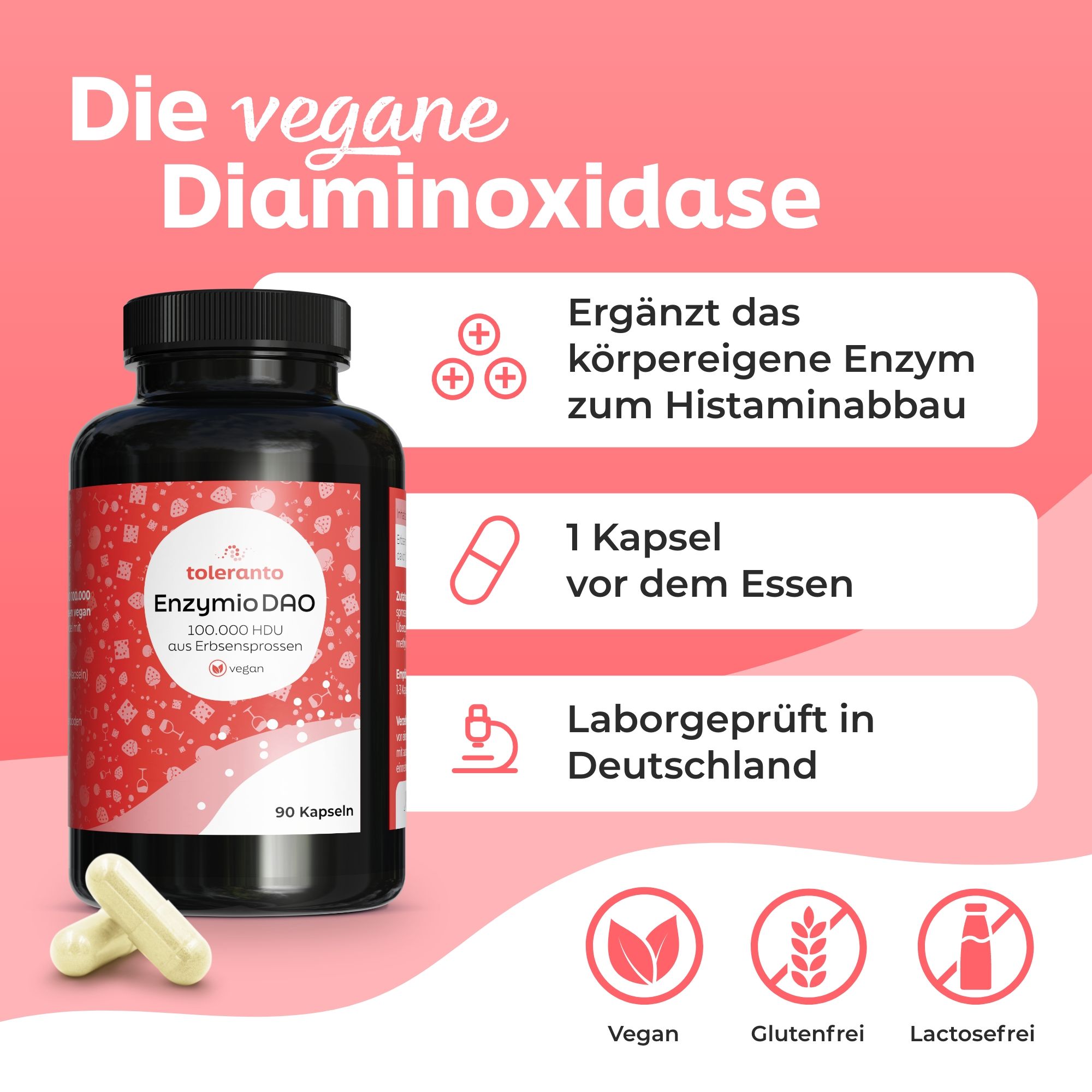 Schwarze Flasche mit Kapseln. Aufschrift: toleranto Enzymio DAO, 100.000 HDU, vegan. 90 Kapseln. 2 Kapseln daneben.