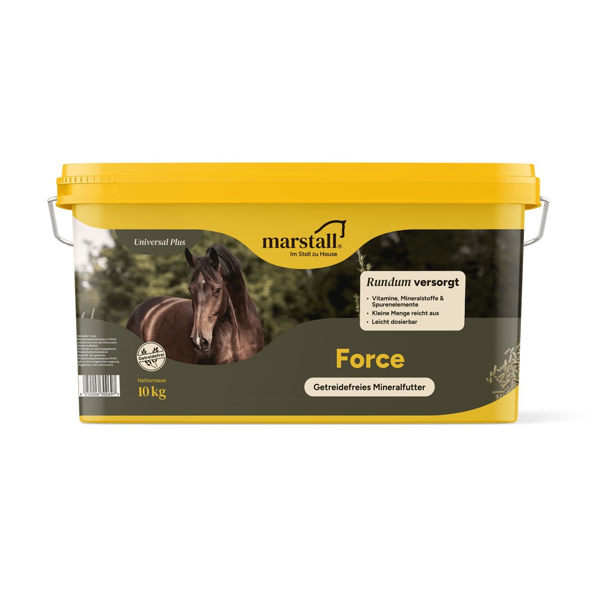 Marstall Force 10 kg Eimer mit Pferd-Motiv und Produktinformationen.