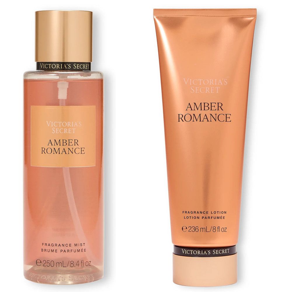 Körperspray und Körpermilch. Beide Produkte haben eine bernsteinfarbene Flüssigkeit. Aufschrift: Amber Romance, Victoria's Secret.