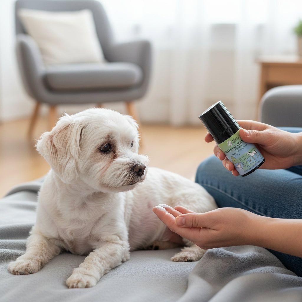 Person hält Lotion-Flasche. Weißer Hund sitzt daneben. Flasche mit schwarzem Deckel. Text: Allergo Control Lotion für Hunde und Pferde.