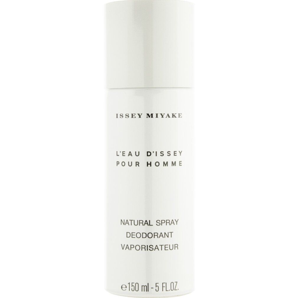 Deodorant-Spray von Issey Miyake. Weißes zylindrisches Gehäuse mit weißem Deckel. Schwarze Schrift.