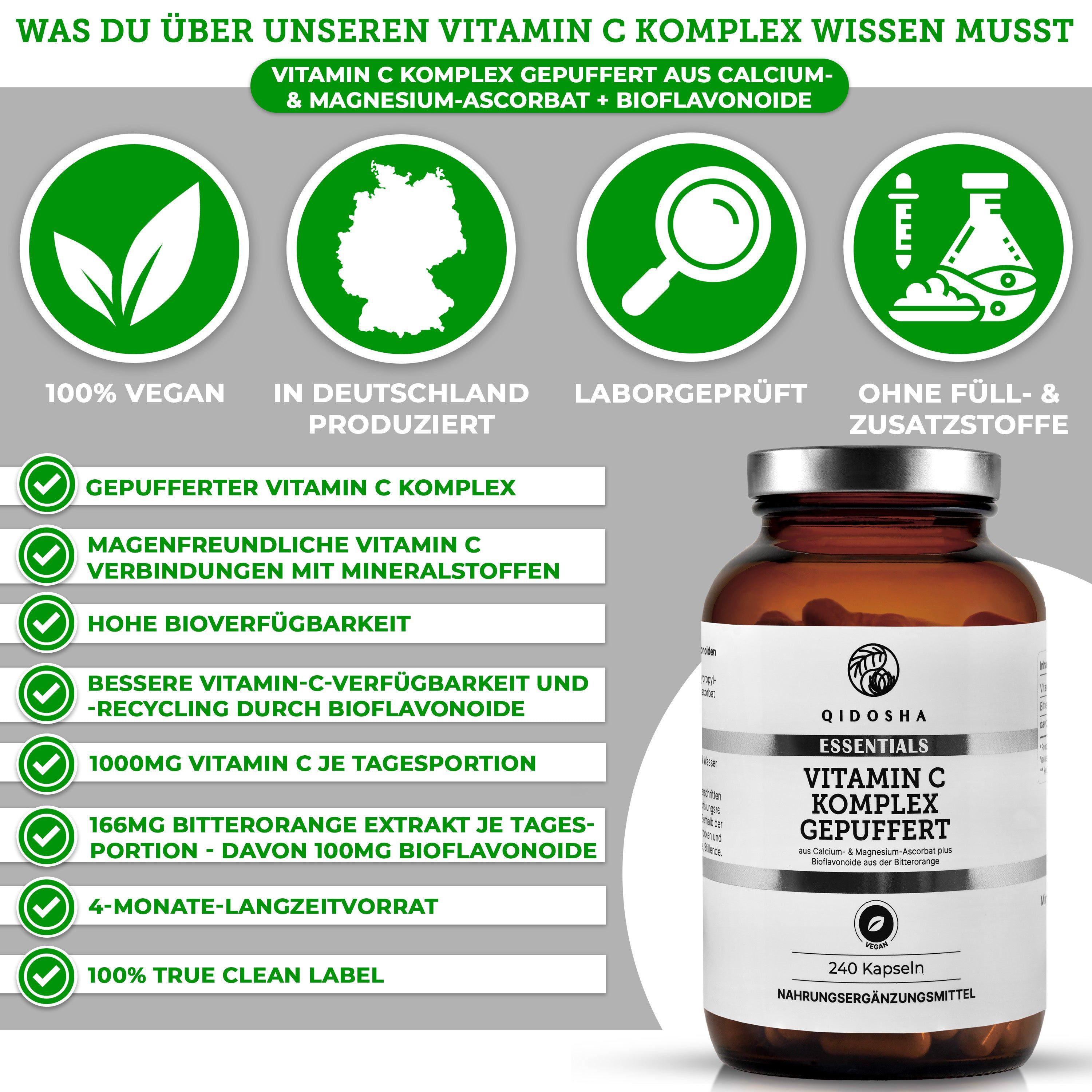 Flasche QIDOSHA Vitamin C Komplex gepuffert mit Bioflavonoiden, 240 Kapseln. Informationen zu vegan, Herstellung und Inhaltsstoffen.