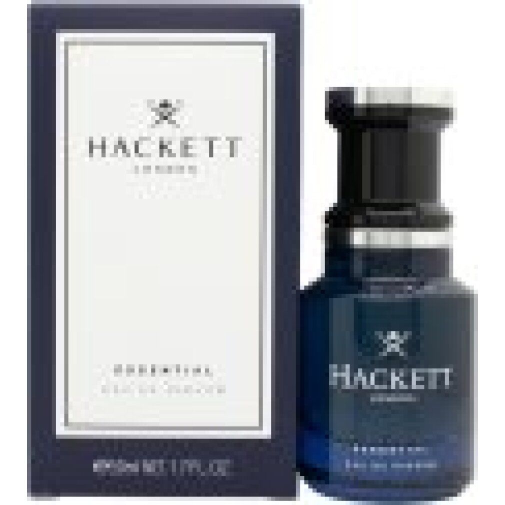 Dunkelblaue Flasche und Verpackung. Aufschrift: Hackett London, Essential Eau de Parfum. Silberner Verschluss.