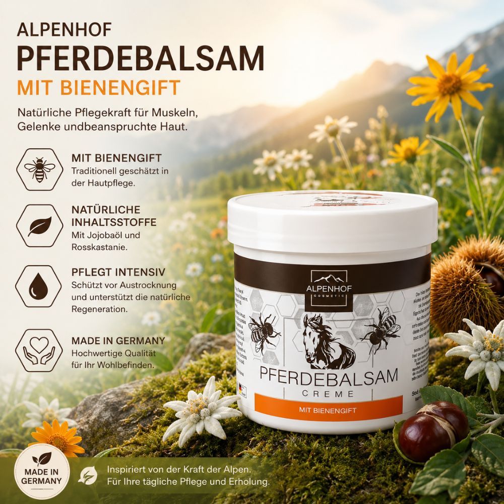 Alpenhof Pferdebalsam Creme mit Bienengift, 250 ml, in natürlicher Umgebung.