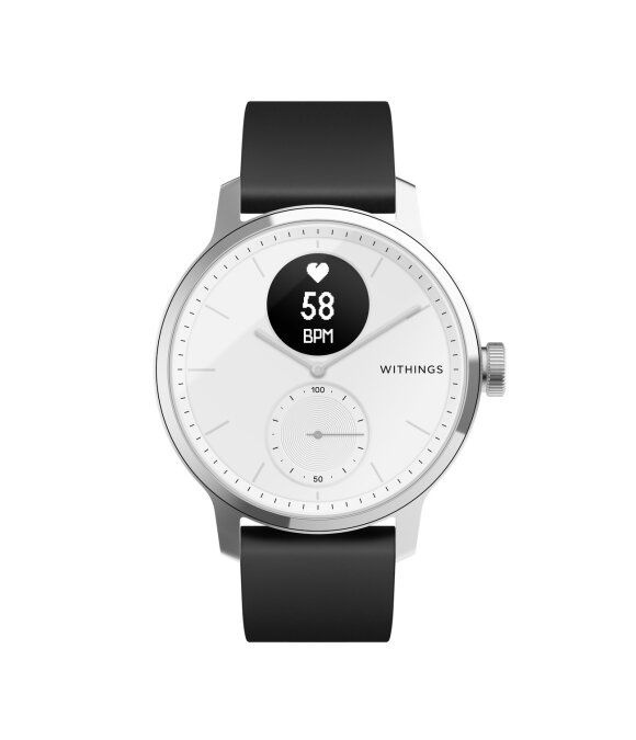 Silberne Smartwatch mit schwarzem Armband. Weißes Zifferblatt mit Herzfrequenzanzeige und WITHINGS-Logo. Zeigt 58 BPM.