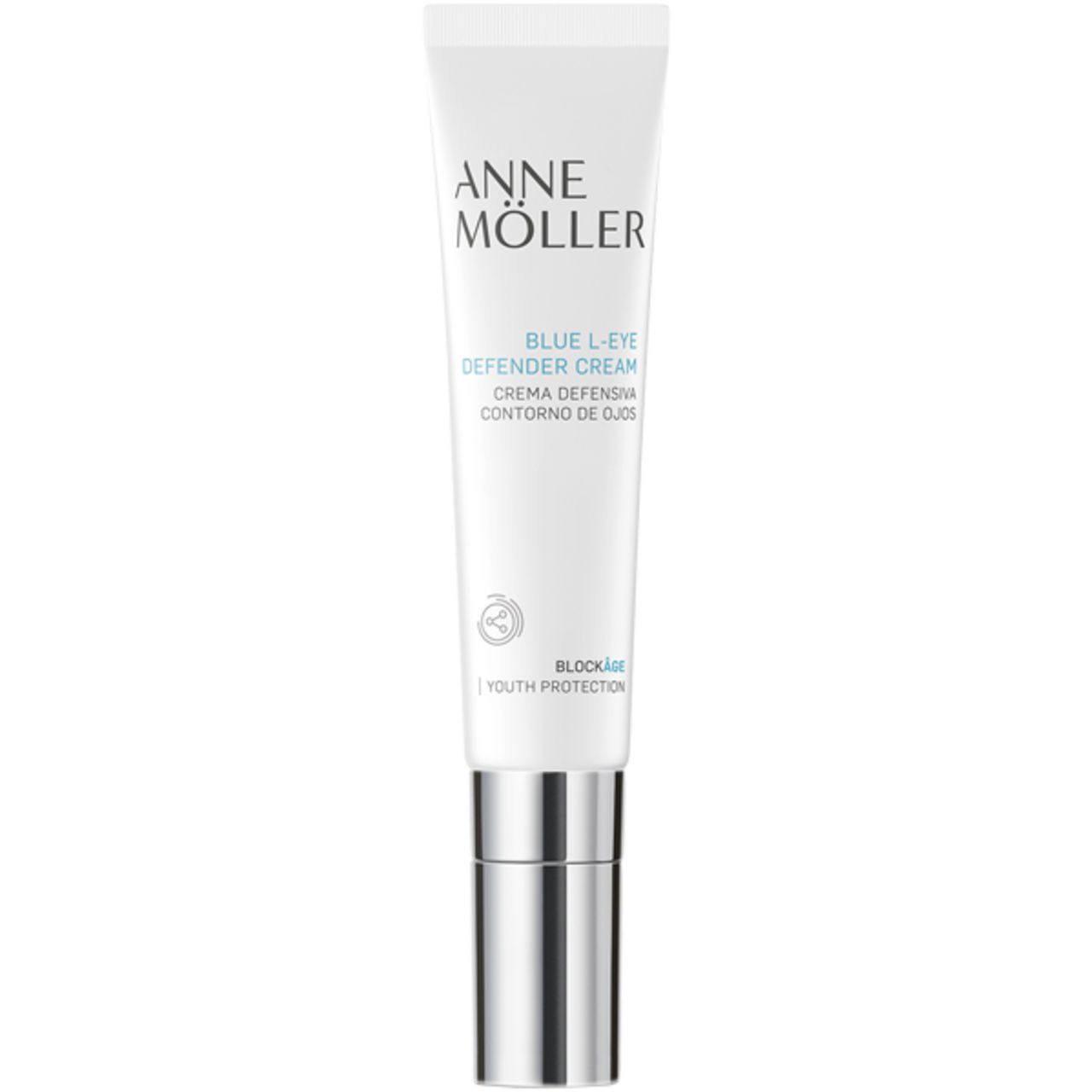 Weiße Tube mit silbernem Verschluss. Aufschrift: Anne Möller, Blue L-Eye Defender Cream. Text in Englisch und Spanisch.
