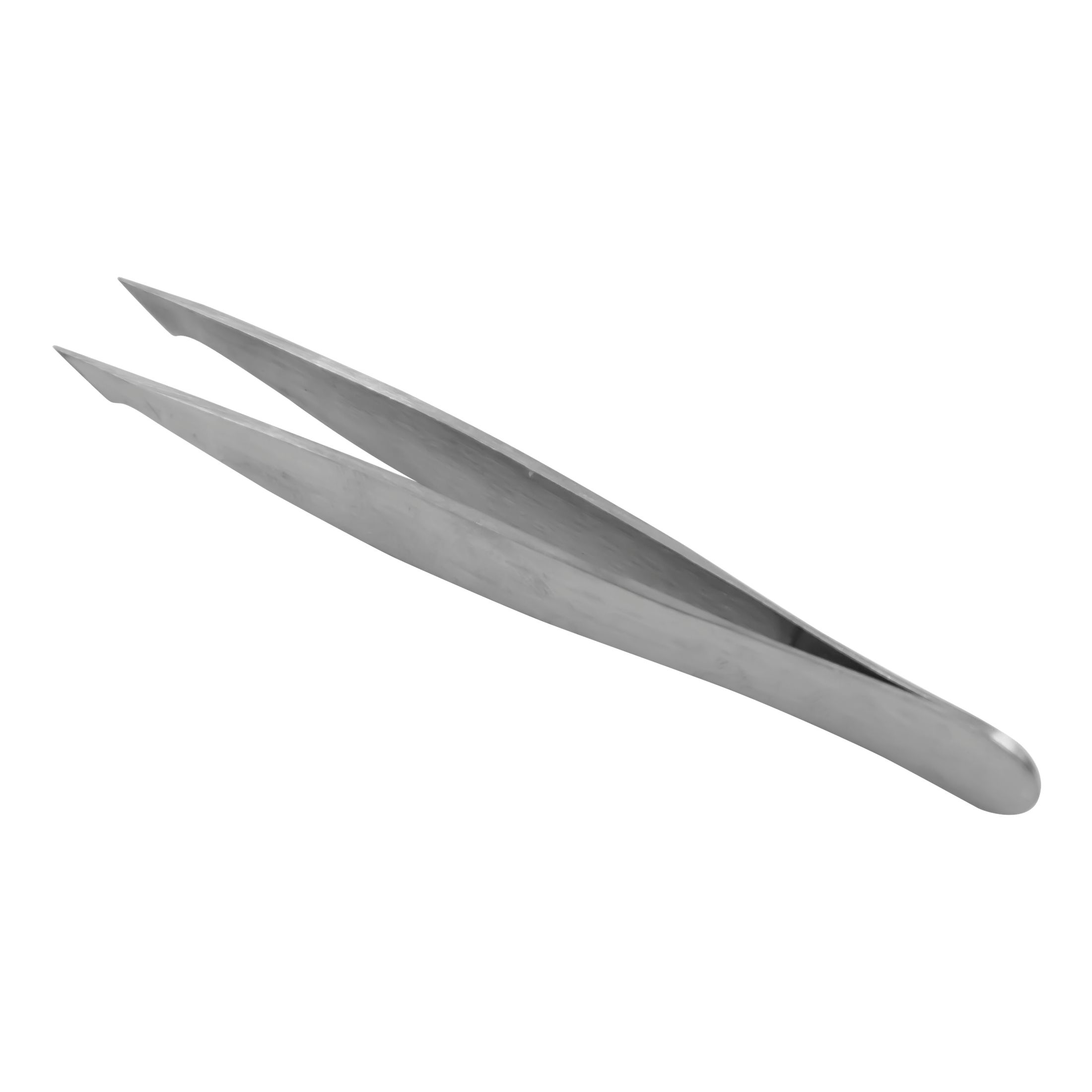 Pinzette aus Metall, leicht gebogen. Spitze Enden. Glatte Oberfläche. Auf weißem Hintergrund.