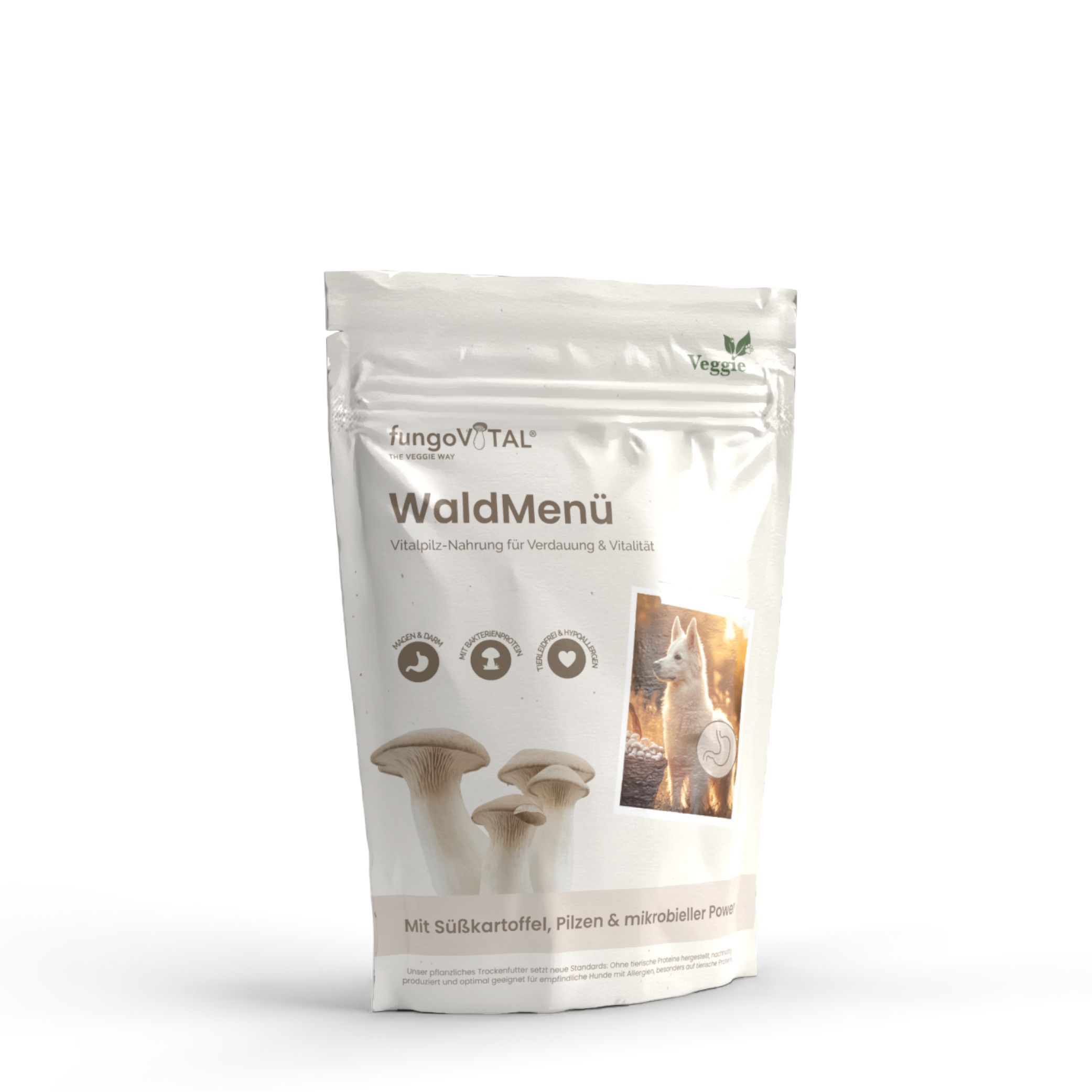 Beutel fungoVITAL WaldMenü. Text: Vital-Nahrung für Verdauung & Vitalität, mit Süßkartoffel, Pilzen & mikrobieller Power. Veggie-Logo.