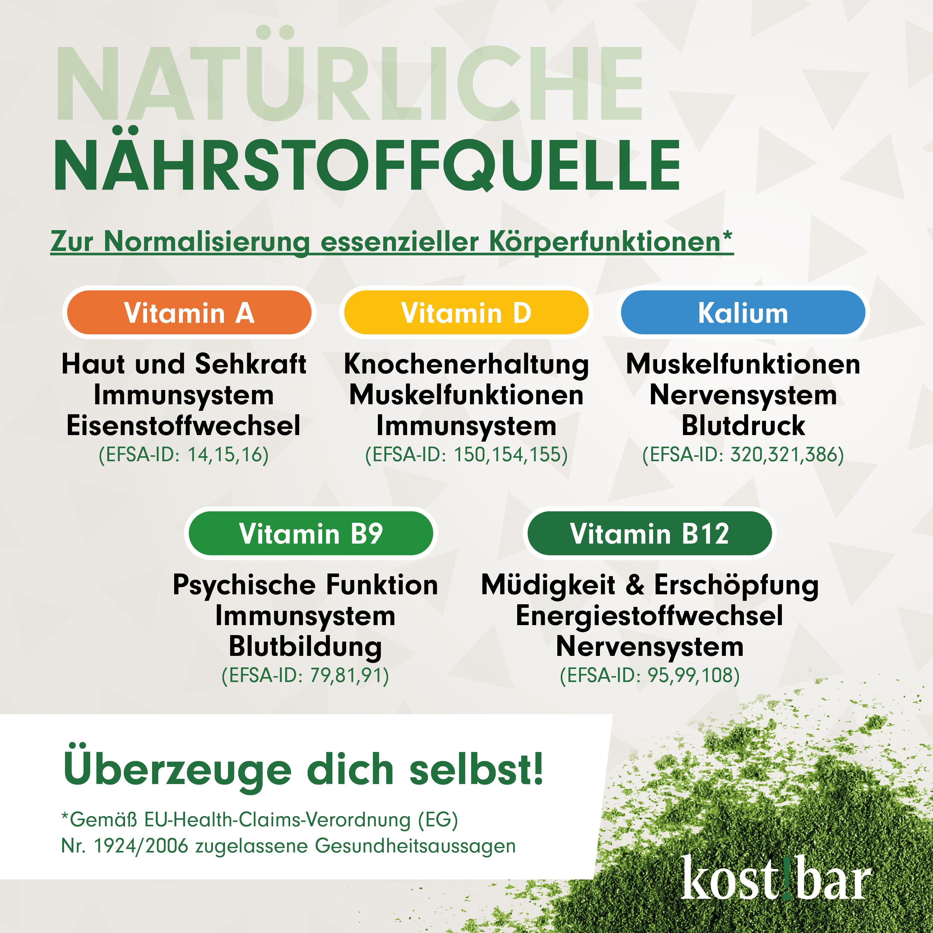 Text: Natürliche Nährstoffquelle, Vitamin A, D, B9, B12, Kalium, für Körperfunktionen, Marke kost!bar.
