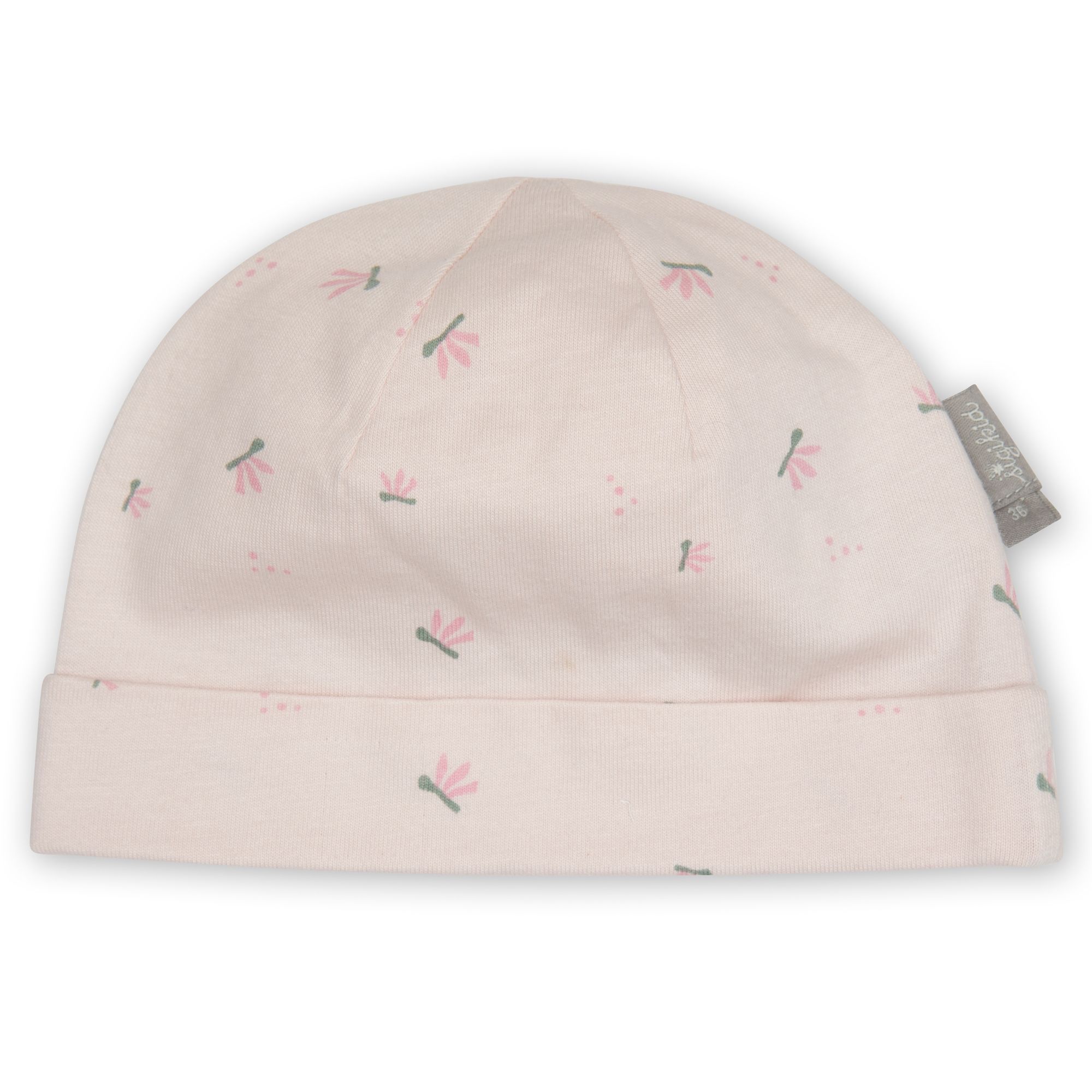 Rosa Mütze mit floralem Muster. Kleines Label mit Logo. Rundes Design mit umgeschlagenem Saum.